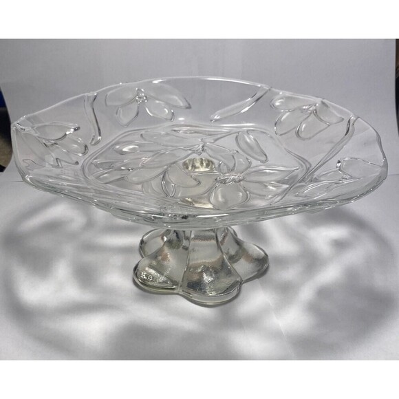 Vintage Compote Bon Bon Dish Pedestal Clear Embossed Frosted Flowers 8" - Picture 1 of 5